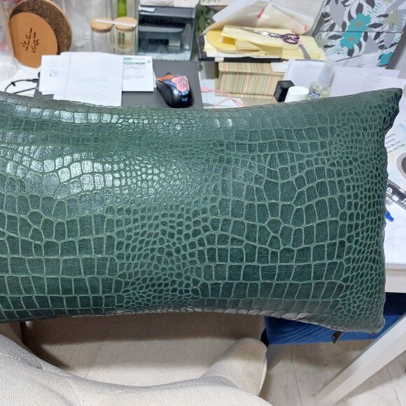 Faux Leather Green Cushion Decorative Pillow Suave On Backside Accent Pillows - Picture 2 of 7